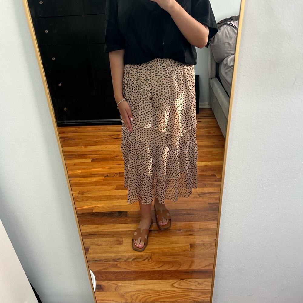 Tiered Midi Skirt in Beige Leopard Print